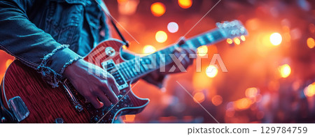 guitarist playing electric guitar on stage with vibrant lights in background, creating energetic atmosphere 129784759