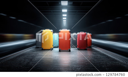 Luggage carousel turning under bright light with colorful summer suitcases in dark airport terminal 129784760