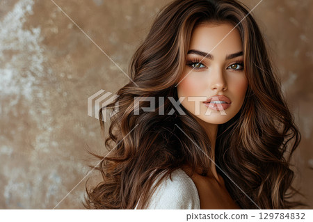 Luxurious woman with long hair styled voluminous waves, showcasing blend of hues. Her captivating look exudes elegance and 129784832