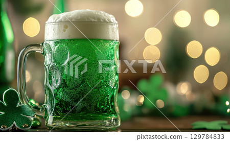 Frothy green beer mug at festive celebration with bokeh lights 129784833