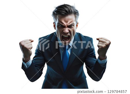 Businessman screaming with hands clasped 129784857