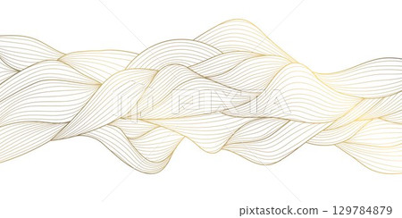 Vector golden line wave on white background, abstract luxury curve premium banner, flow shape. Sea, ocean japanese style elegant illustration. 129784879