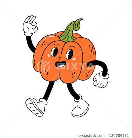 Bright orange pumpkin character with arms and legs strolls joyfully. Hand drawn vector illustration in modern retro style. 129784881