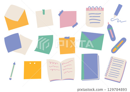 Modern paper notes on stickers vector illustration set. Office notepapers and information board in flat hand drawn style. Paper sheets form notepad isolated collection of sticky notes Modern paper notes on stickers vector illustration set. Office notepapers and information board in flat hand drawn style. Paper sheets form notepad isolated collection of sticky notes 129784893