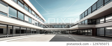 Modern Bauhaus inspired architecture with clean lines, large glass windows, and spacious courtyard under clear sky Modern Bauhaus inspired architecture with clean lines, large glass windows, and spacious courtyard under clear sky 129785071