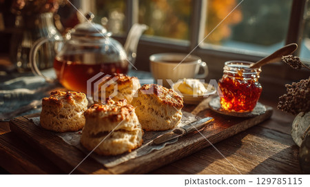 Fresh scone with jam and butter on wooden board near teapot and cup by window create warm cozy cottagecore mood in soft natural light 129785115