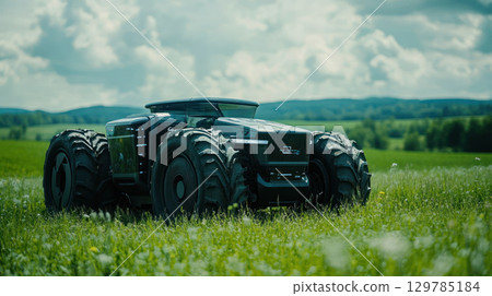 Sleek modern electric tractor powers effortlessly across vibrant green field under cloudy sky, showcasing innovative eco friendly technology Sleek modern electric tractor powers effortlessly across vibrant green field under cloudy sky, showcasing innovative eco friendly technology 129785184