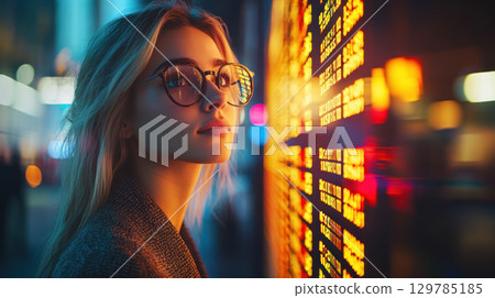 Young woman with glasses looking at stock market board at night with colorful city lights and confident expression Young woman with glasses looking at stock market board at night with colorful city lights and confident expression 129785185