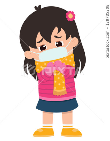 sad kid girl get flue and cold of illustration sad kid girl get flue and cold of illustration 129785208