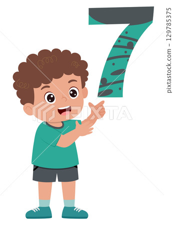 happy cute little kid studies number seven of illustration 129785375