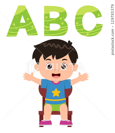 happy cute little kid studies alphabet letter A B C of illustration happy cute little kid studies alphabet letter A B C of illustration 129785379