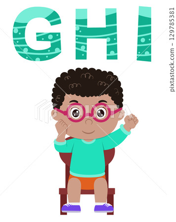 happy cute little kid studies alphabet letter G H I of illustration happy cute little kid studies alphabet letter G H I of illustration 129785381