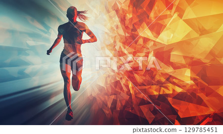 Marathon runner silhouette with abstract geometric shapes, symbolizing victory and determination Marathon runner silhouette with abstract geometric shapes, symbolizing victory and determination 129785451