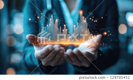 Doctor holding digital device showing healthcare financial growth with positive expression Doctor holding digital device showing healthcare financial growth with positive expression 129785452