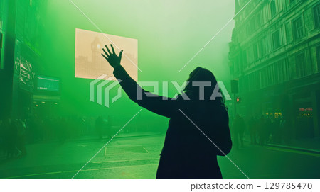 person gesturing excitedly front of large green screen, envisioning their advertisement future billboard busy urban setting 129785470