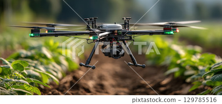 Multi rotor drone equipped with advanced sensors flying low over green crop field bright natural light showing precision 129785516