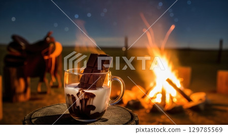 Delicious argentinian submarino with a chocolate bar melting in a glass of hot milk by a campfire 129785569