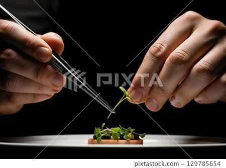 Chef decorating a gourmet appetizer with microgreens using tweezers in a fine dining restaurant 129785654