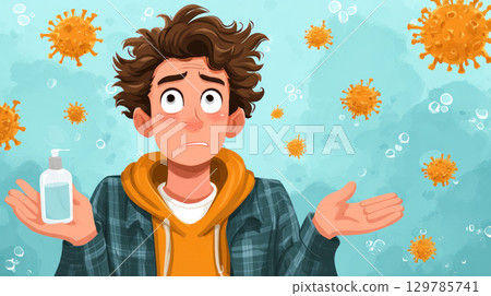 Young man with fear and caution holds sanitizer surrounded by virus particles showing mysophobia and concern for cleanliness and health safety 129785741