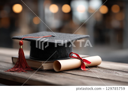 Graduation cap with red tassel and diploma tied with ribbon resting wooden table symbolizing academic achievement and success 129785759