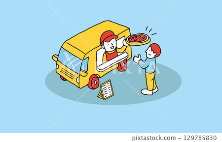 People buying pizza from a food truck 129785830