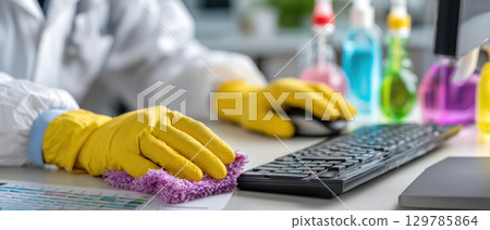 Cleaning disinfect tools with yellow gloves to prevent virus spread and mysophobia in bright office environment for safety 129785864