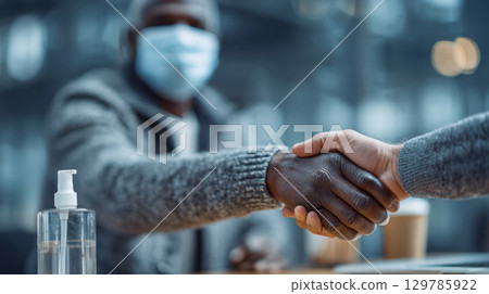 Two people wearing mask shaking hands with sanitizer nearby showing caution and fear of mysophobia in public space 129785922