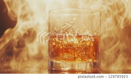 Glass of whisky splashes with ice in warm golden light creating cozy world perfect for relaxing day with rich amber tones 129785923