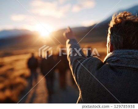 Business leader pointing toward horizon while team follows outdoor corporate retreat setting natural mountain backdrop warm Business leader pointing toward horizon while team follows outdoor corporate retreat setting natural mountain backdrop warm 129785938