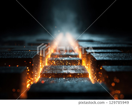 Glowing firewall sparks illuminate dark stone blocks creating dramatic and intense atmosphere with fiery embers and smoke 129785949