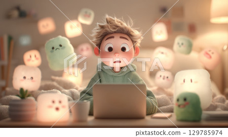 Kawaii young person with surprised expression using laptop surrounded by cute glowing plush toys in cozy warm room light Kawaii young person with surprised expression using laptop surrounded by cute glowing plush toys in cozy warm room light 129785974
