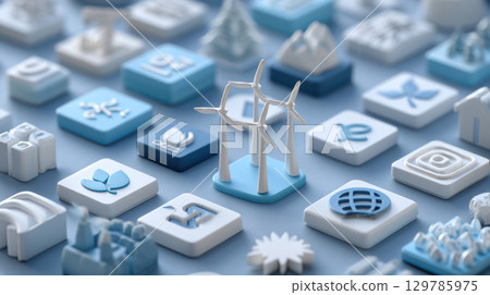 Sustainable energy icons and ethical business symbols in blue and white on clean background, representing green power and social impact concepts Sustainable energy icons and ethical business symbols in blue and white on clean background, representing green power and social impact concepts 129785975