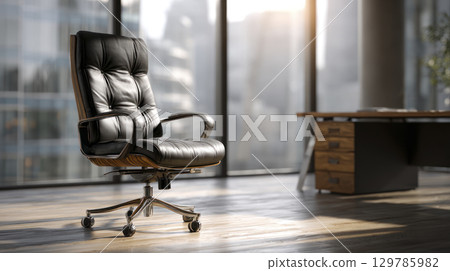 Black leather office chair in modern workspace with sunlight highlights leadership and management comfort and style 129785982