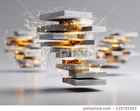 Blockchain technology concept with floating data blocks and glowing cryptocurrency particles in futuristic digital environment 129785983