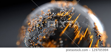 Digital globe with orange data points showing inflation trends and economic fluctuations in futuristic style 129785994