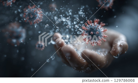 Hand reaches out as virus particles float nearby emphasizing importance of hygiene and sanitizer to prevent mysophobia and infection spread Hand reaches out as virus particles float nearby emphasizing importance of hygiene and sanitizer to prevent mysophobia and infection spread 129786008