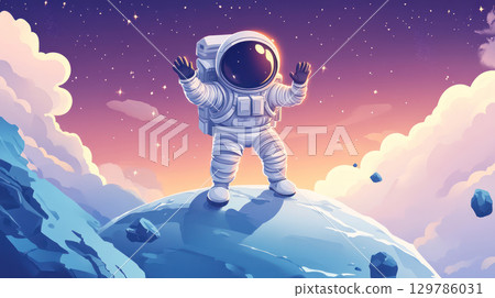 Whimsical cartoon style astronaut on comet waving at camera with colorful sky and stars in background creating joyful space scene 129786031