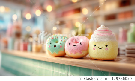 Kawaii cute dessert with smiling faces on colorful donut and whipped cream on wooden counter in cozy cafe 129786050