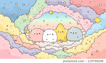 Kawaii pastel cloud scene with adorable kawaii characters and kawaii stars creating kawaii dreamy kawaii atmosphere full of kawaii charm Kawaii pastel cloud scene with adorable kawaii characters and kawaii stars creating kawaii dreamy kawaii atmosphere full of kawaii charm 129786096