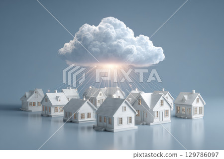 Smart home concept with cloud technology connecting multiple houses under glowing cloud in modern setting 129786097