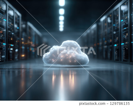Cloud computing concept with glowing cloud shape in data center aisle with server racks and atmospheric lighting 129786135