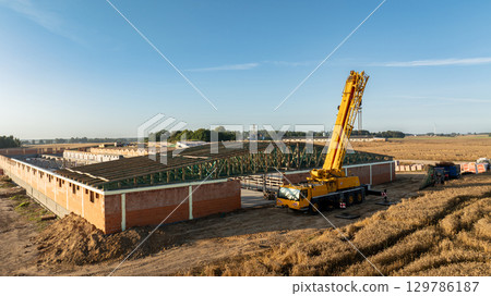 A mobile telescopic crane lifting green steel roof trusses onto a large brick structure in a rural construction site, surrounded by wheat fields and clear blue sky in early morning light A mobile telescopic crane lifting green steel roof trusses onto a large brick structure in a rural construction site, surrounded by wheat fields and clear blue sky in early morning light 129786187
