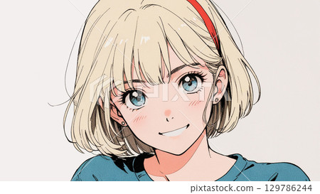 A short-haired woman smiling gently 129786244