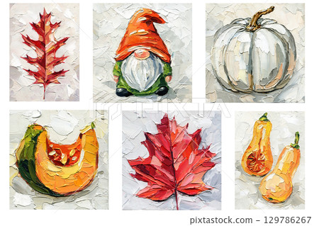 Autumn fall set with pumpkin gnome squash red leaves impasto oil painting on textured canvas, Colorful Harvest art posters Autumn fall set with pumpkin gnome squash red leaves impasto oil painting on textured canvas, Colorful Harvest art posters 129786267