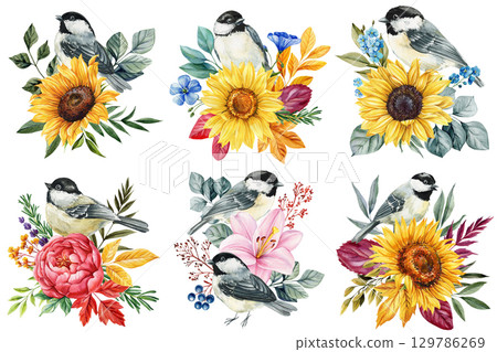 Chickadee Birds with Sunflowers, Roses and Wildflowers, Watercolor Botanical Autumn Garden Illustration, Floral Nature Art Chickadee Birds with Sunflowers, Roses and Wildflowers, Watercolor Botanical Autumn Garden Illustration, Floral Nature Art 129786269