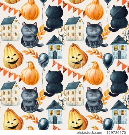 Watercolor autumn seamless pattern with black cats pumpkins haunted houses balloons and bunting on white festive background Watercolor autumn seamless pattern with black cats pumpkins haunted houses balloons and bunting on white festive background 129786270