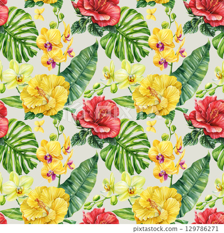 Yellow orchids and hibiscus flowers with monstera and palm leaves watercolor tropical seamless floral botanical pattern 129786271