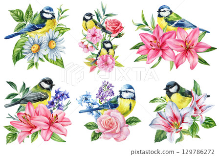 Blue Tit Birds with Pink Lilies, Roses and Purple Flowers, Watercolor Botanical Spring Garden Illustration, Floral Nature Art 129786272
