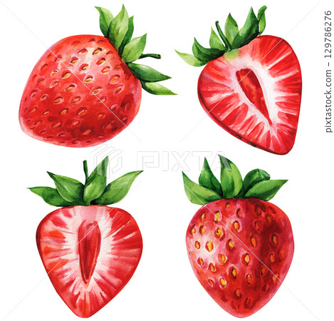 Watercolor strawberries whole halved juicy red berries with green leaves botanical summer fruit illustration for kitchen and decor 129786276