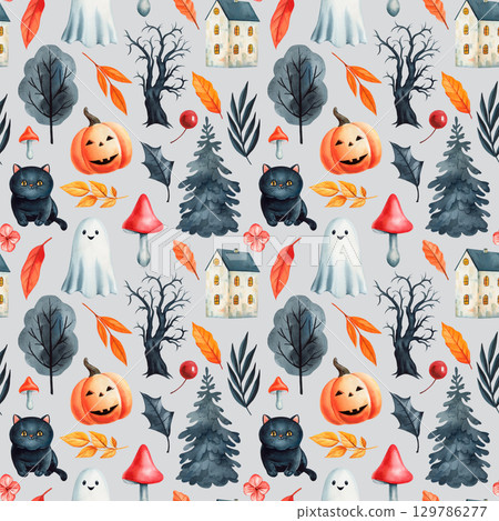 Watercolor pattern with ghost black cat pumpkin haunted tree houses mushrooms and autumn leaves on white for textile, wallpaper 129786277